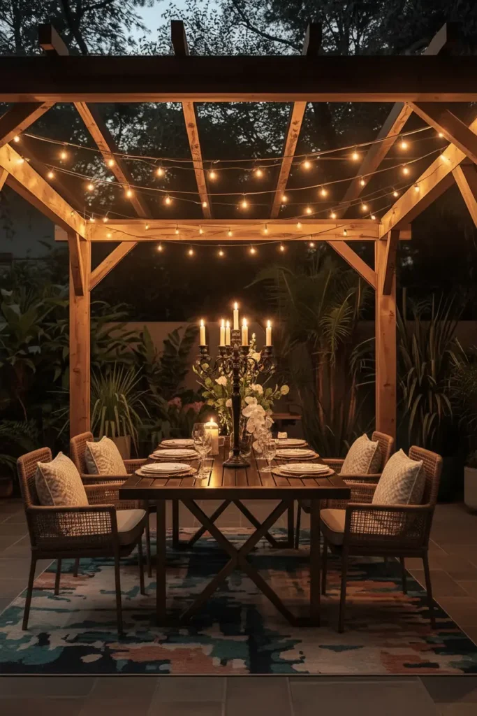 String lights on wooden pergola
