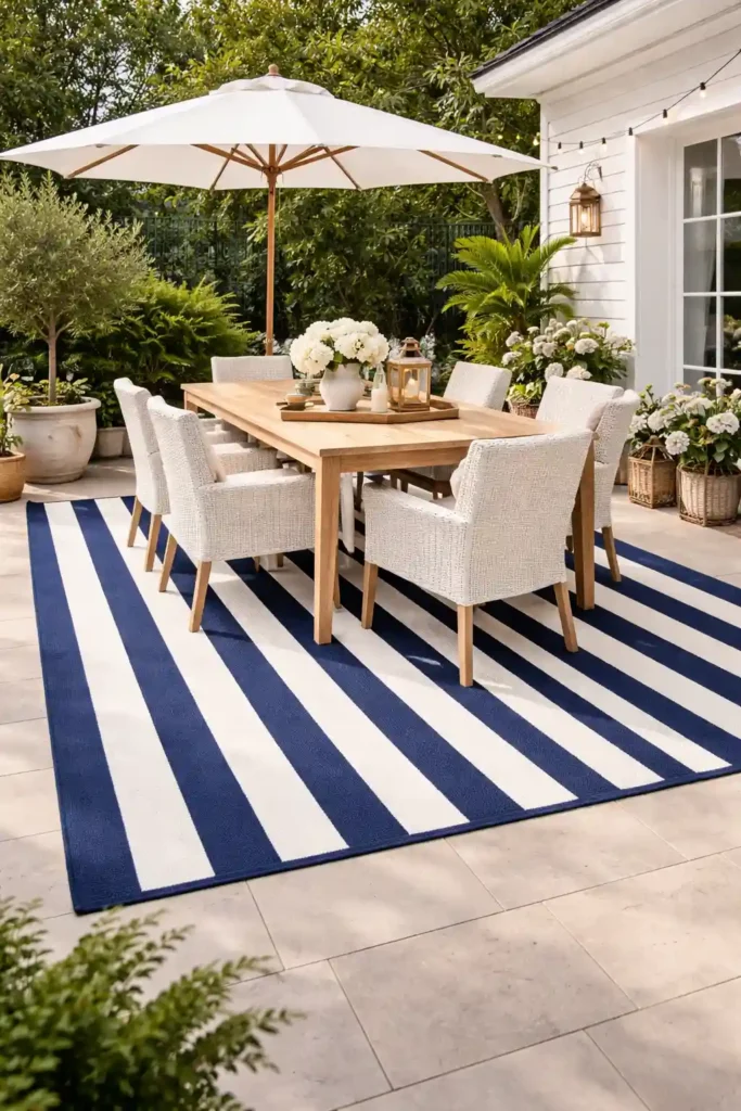 Navy white striped outdoor rug on patio
