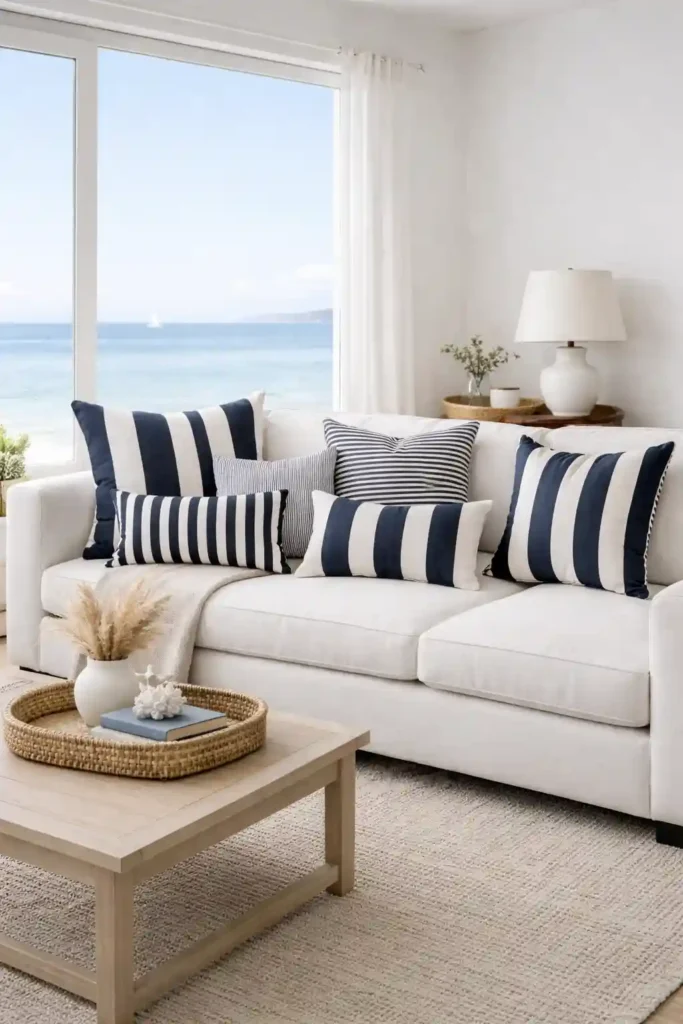 Navy white striped throw pillows on sofa
