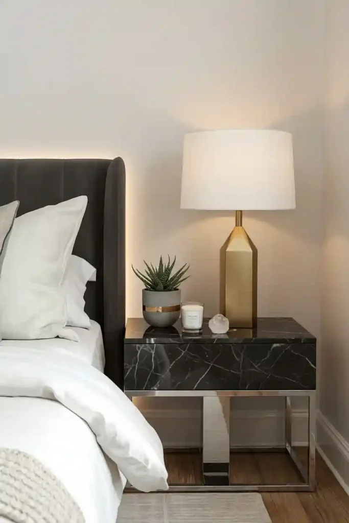 Wooden bedside table with rattan lamp