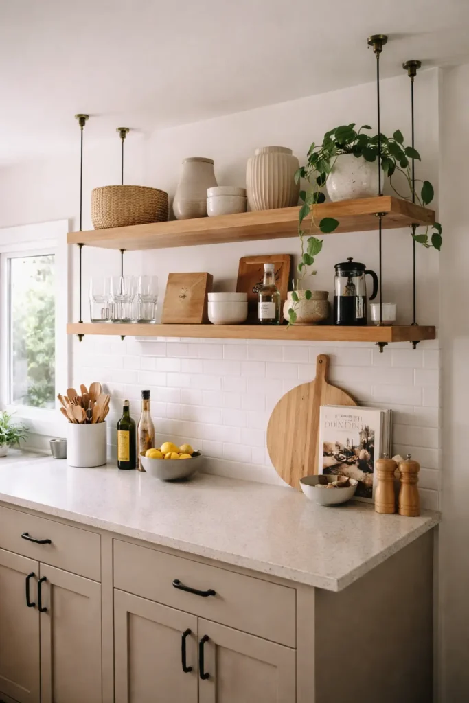 Modern kitchen shelf suspended from ceiling with steel cables