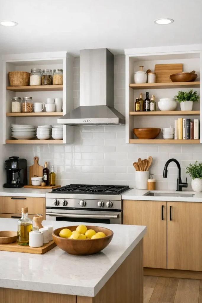 Open upper kitchen cabinets
