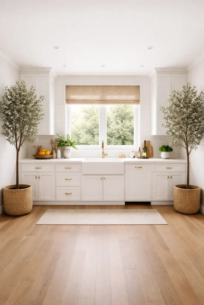 Tall faux olive trees at ends of kitchen cabinets
