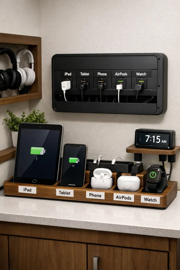 Organized charging station with multiple USB outlets and cable management on corner wall