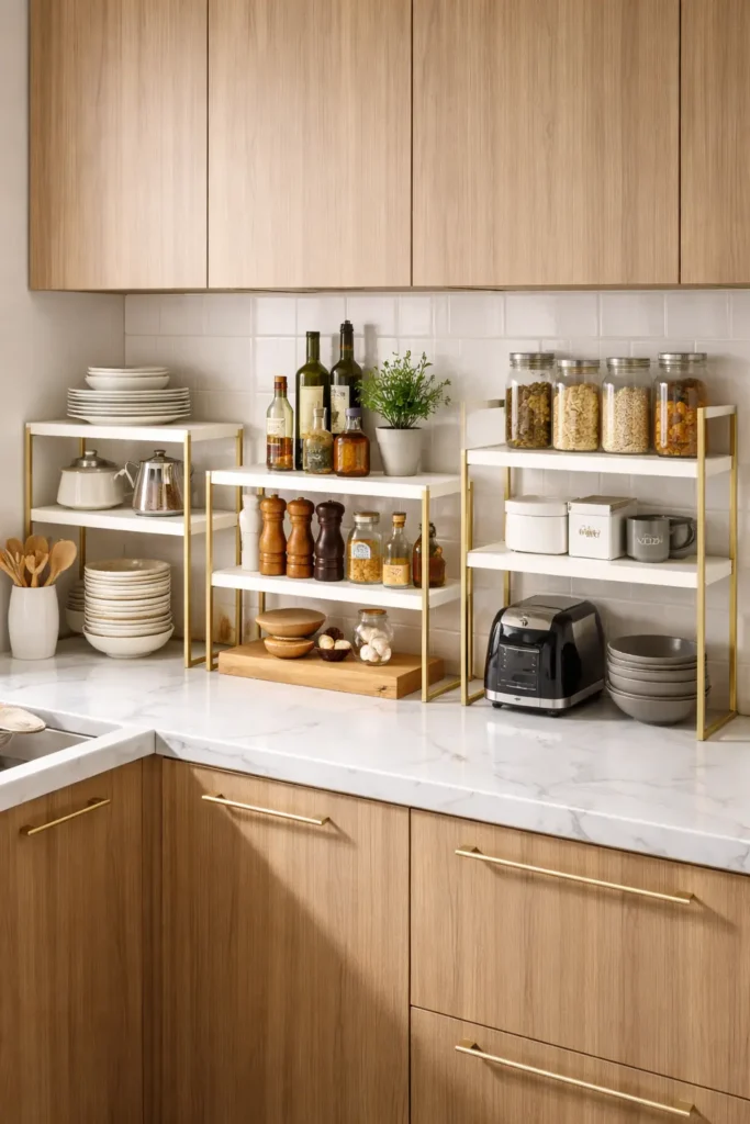 Three-tier countertop shelf riser expanding vertical kitchen storage