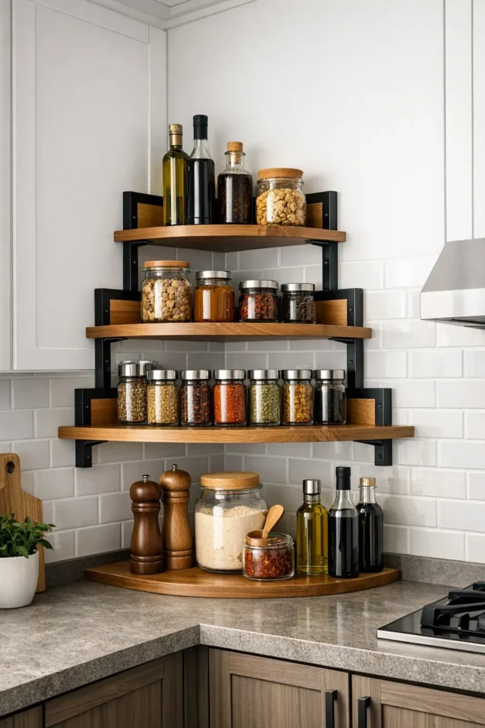 Tiered corner kitchen shelves organizing jars and spice bottles