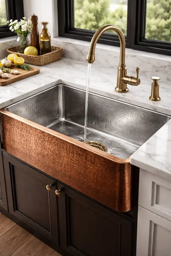 Tin-lined copper sink with two-tone metal finish
