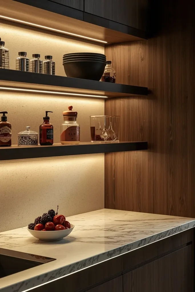 Kitchen shelf with LED under-cabinet lighting illuminating workspace