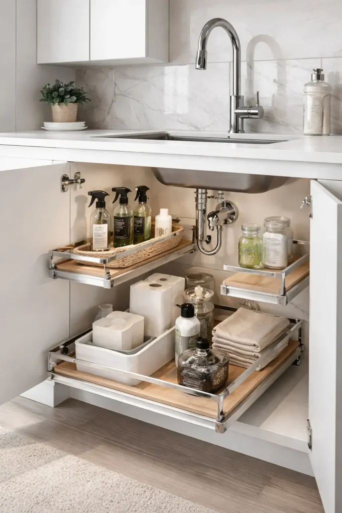 Pull-out under-sink kitchen shelf with plumbing clearance cutouts