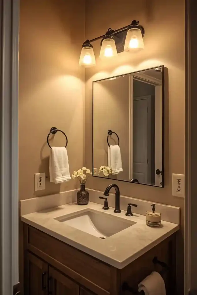 Warm bulbs glowing above bathroom mirror
