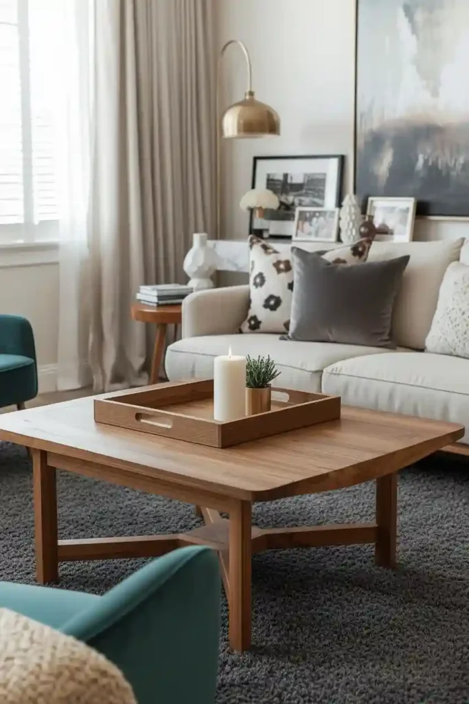 Low oak coffee table with candle