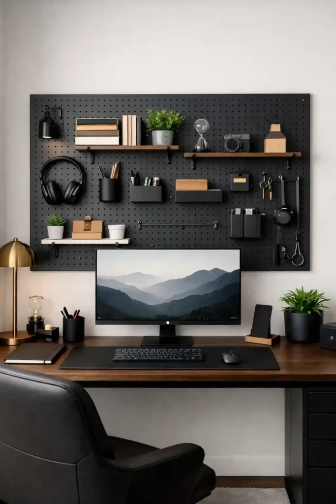Pegboard desk wall storage