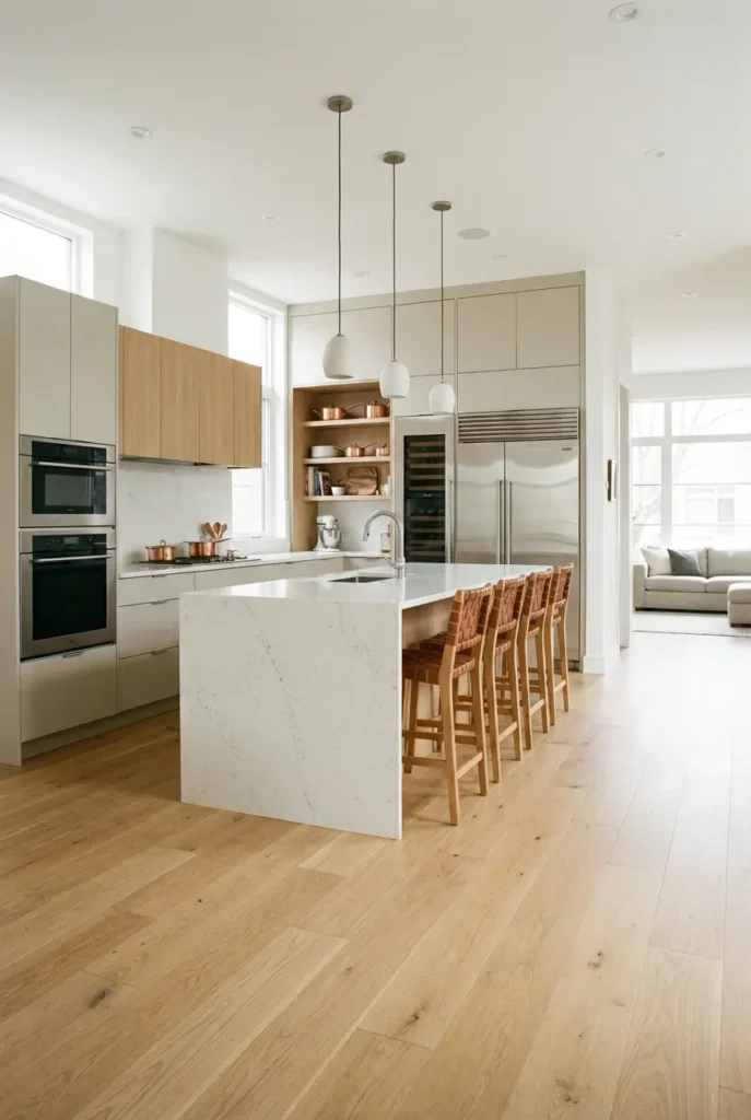 Matching kitchen and living room floor
