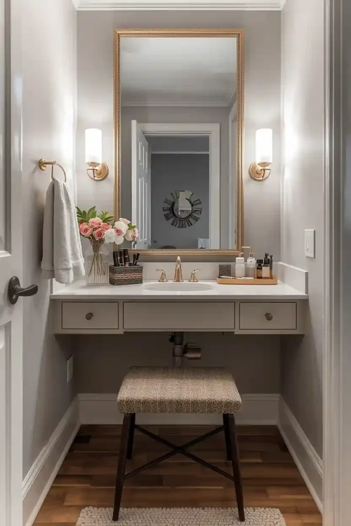 Corner vanity desk with large mirror, drawer storage, and side lighting for grooming