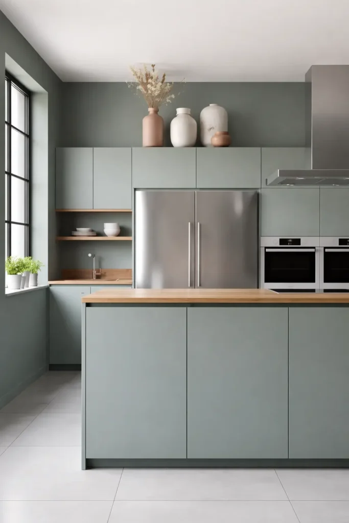 Soft-colored vases displayed above kitchen cabinets
