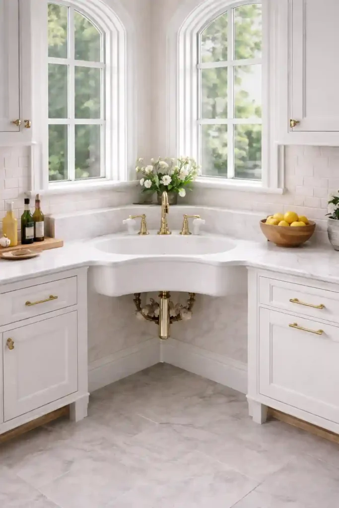 Vintage porcelain corner sink on chrome legs
