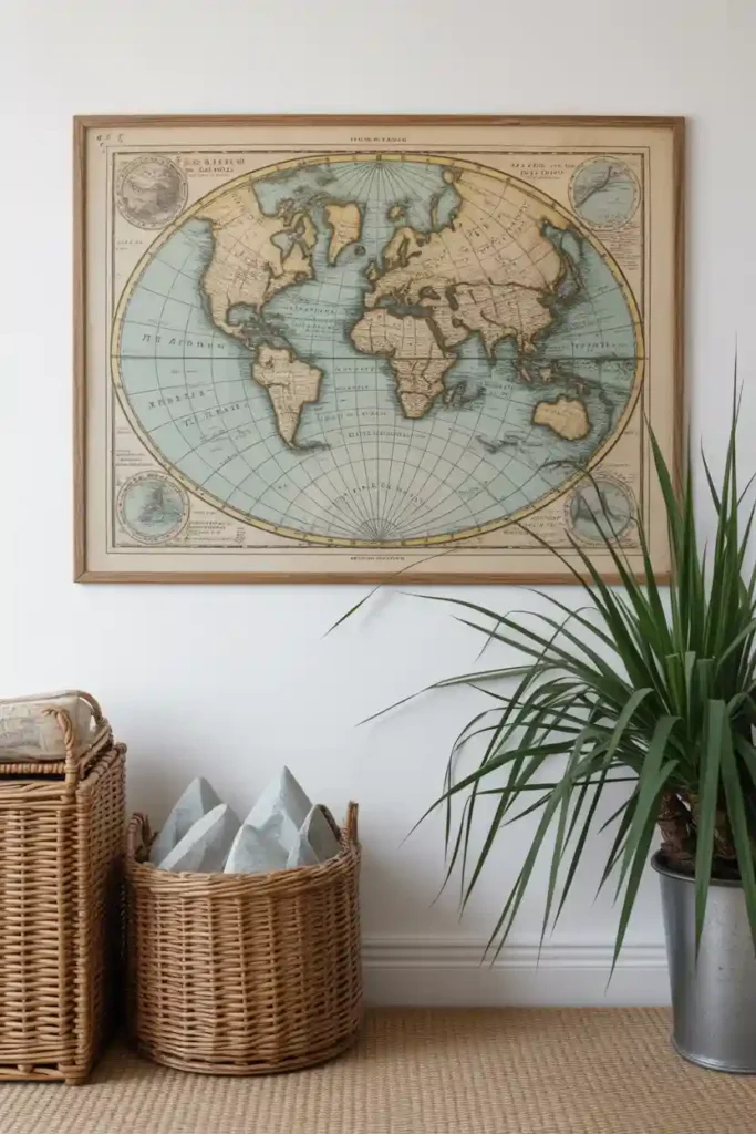 Vintage nautical map art in wood frame
