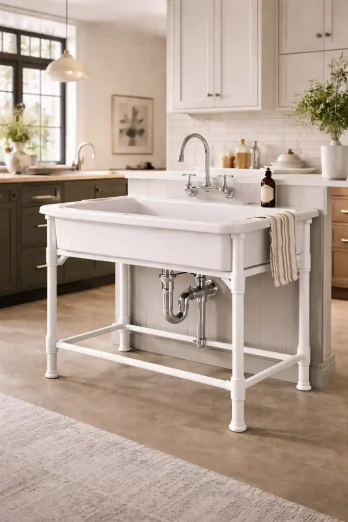 Vintage pedestal utility sink with exposed pipes
