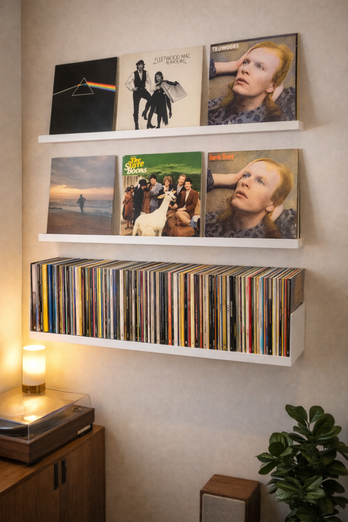 Floating shelves displaying vinyl records organized by album color with accent lighting