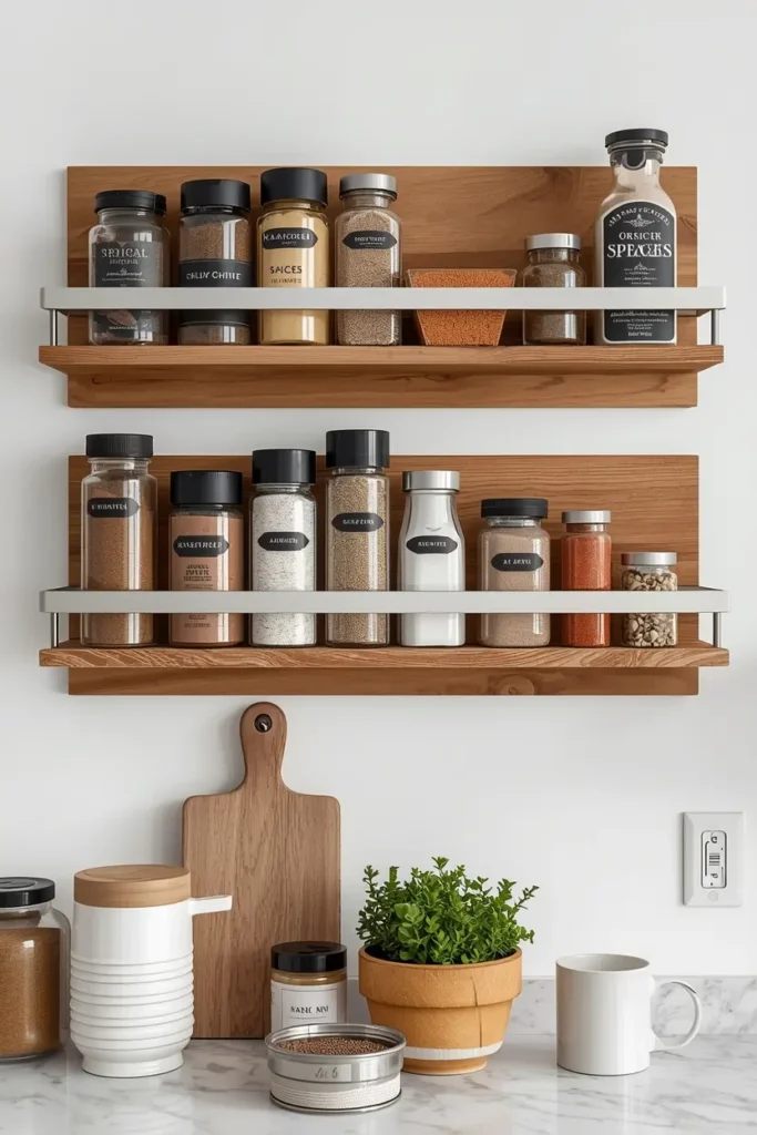 Wall-mounted magnetic kitchen shelf organizing spices in metal containers