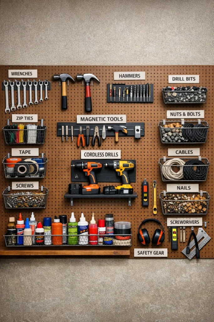 Pegboard with magnetic strips and hanging baskets for tool and supply organization