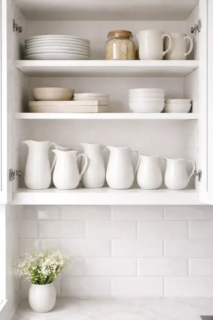 White ceramic pitchers lined above cabinets
