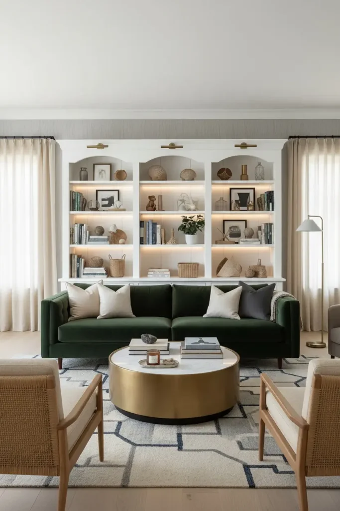 Whitewashed open shelving with coastal decor
