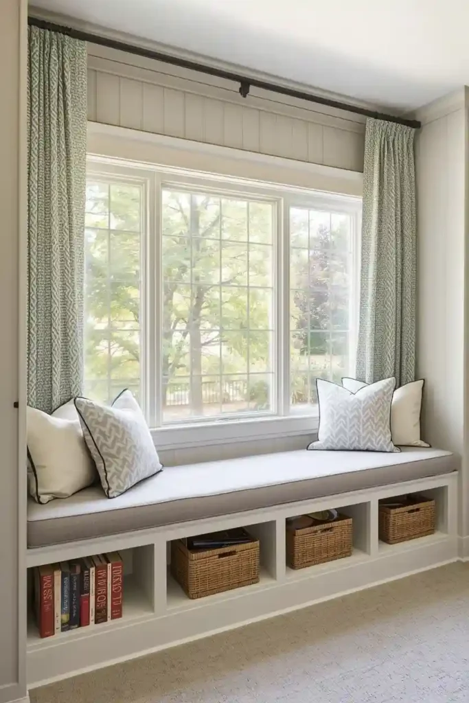 Built-in window bench with cushions and hinged storage compartment for bedding