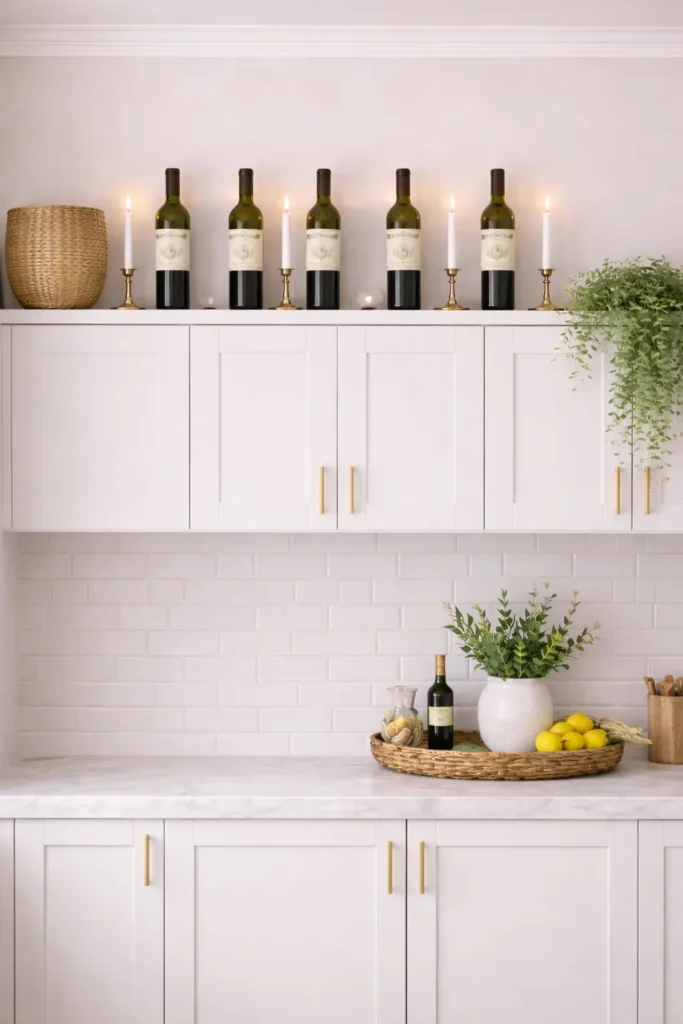 Wine bottles laid sideways above kitchen cabinets
