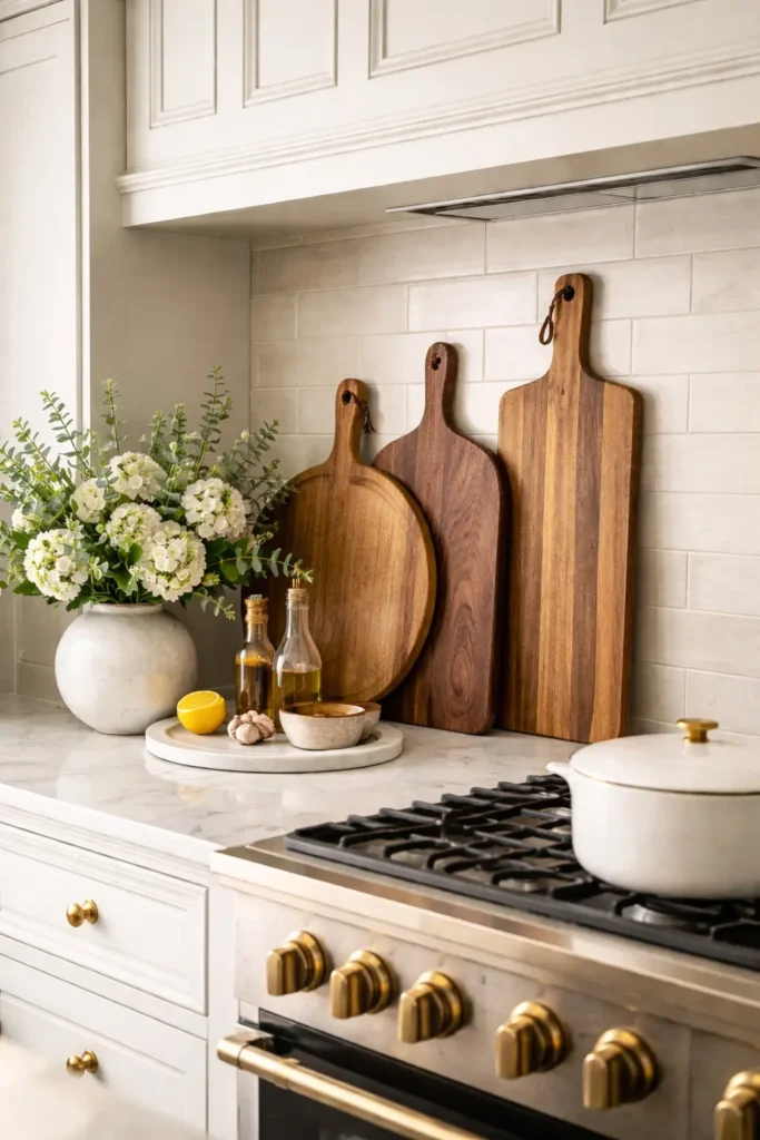 Wooden cutting boards leaned above cabinets
