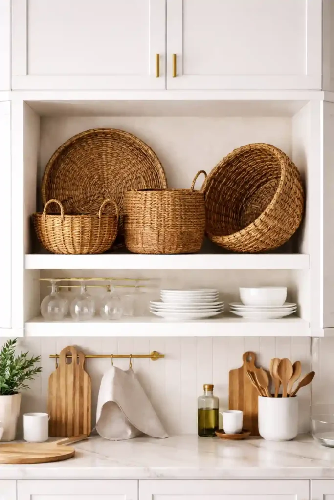 Woven baskets above kitchen cabinets
