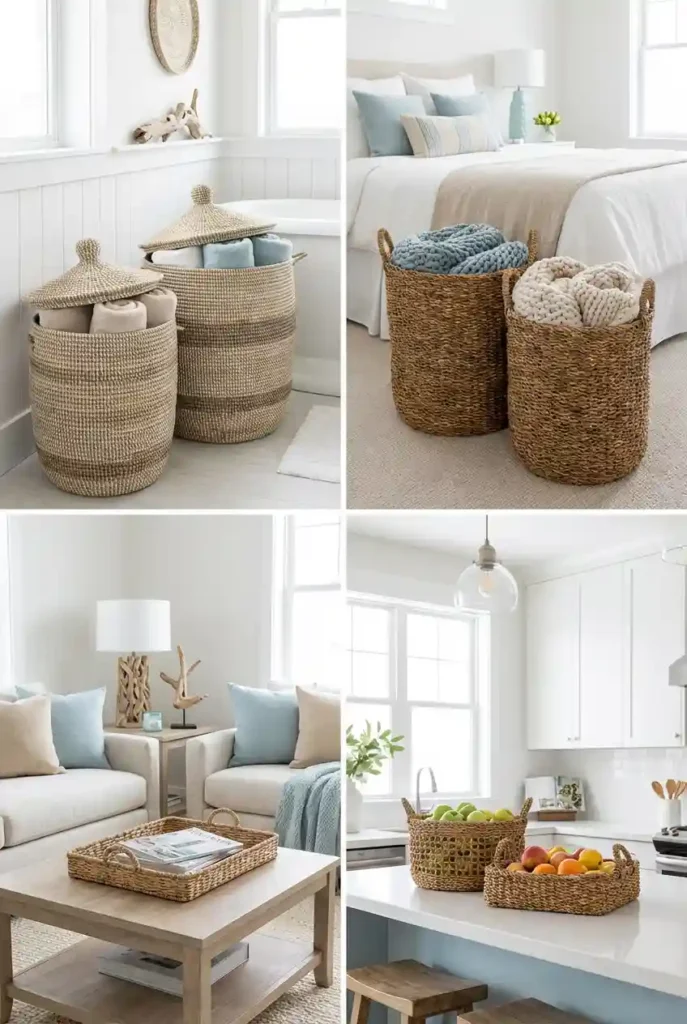 Woven seagrass storage baskets in room
