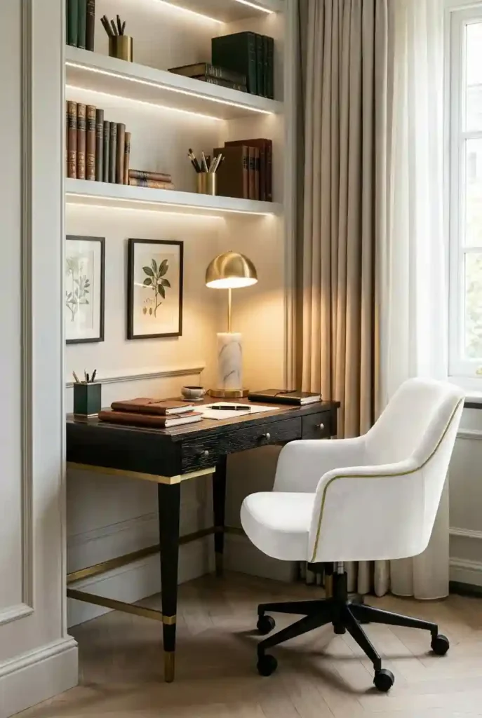 Small corner desk with proper lighting and comfortable seating for dedicated writing space