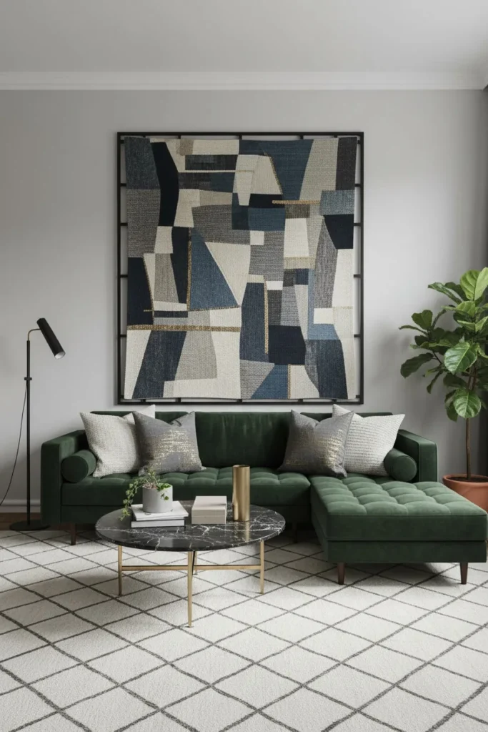 Tapestry draped on wide wall
