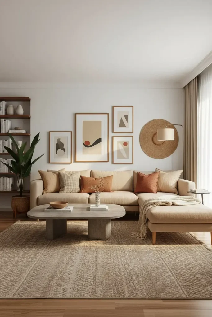 Modern sofa with linen and jute cushions