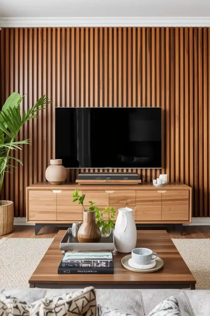 Wood slat panel feature wall