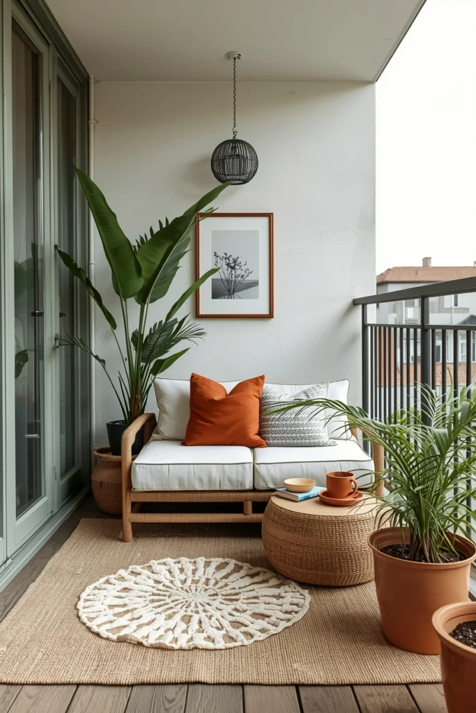 Balcony styled using neutral and warm color palette