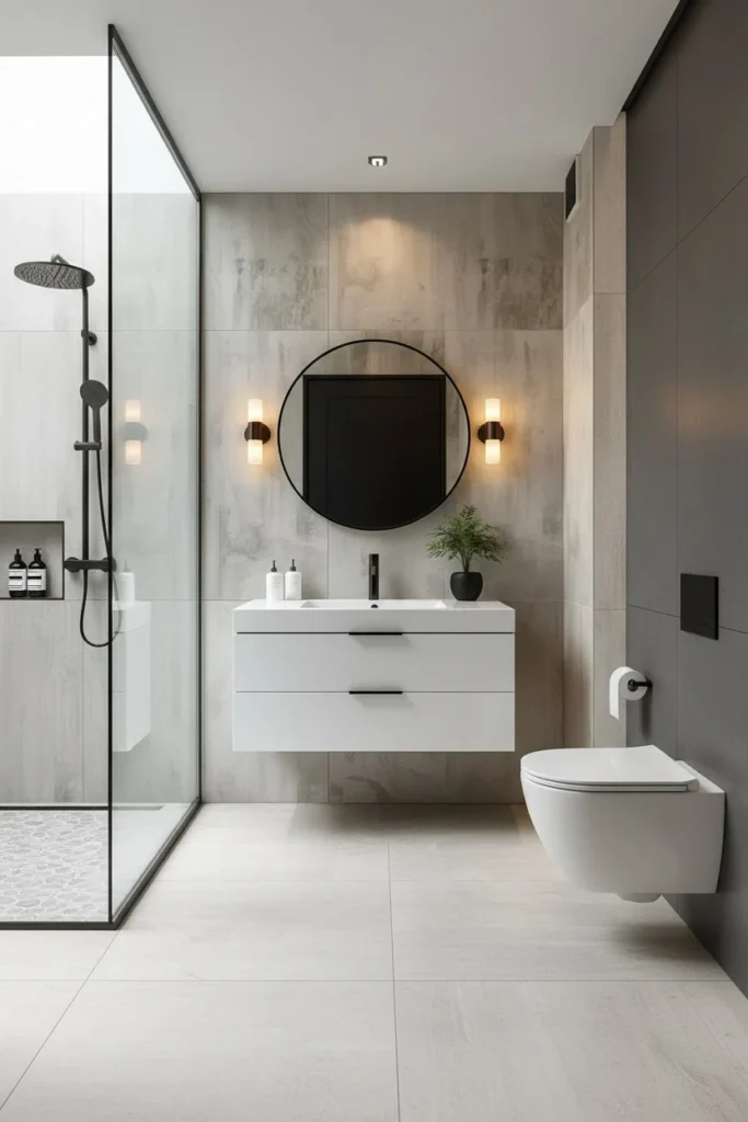 Wall-hung vanity with round mirror and black tap