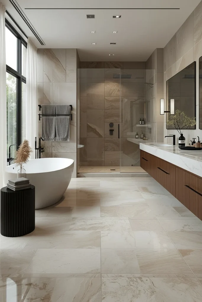 Large stone-look floor tiles in a modern bathroom