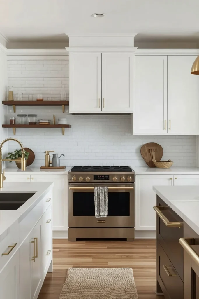 Brushed brass tap and handles on white cabinets
