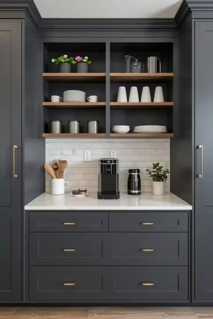 Built-in coffee station inside matching kitchen cabinetry
