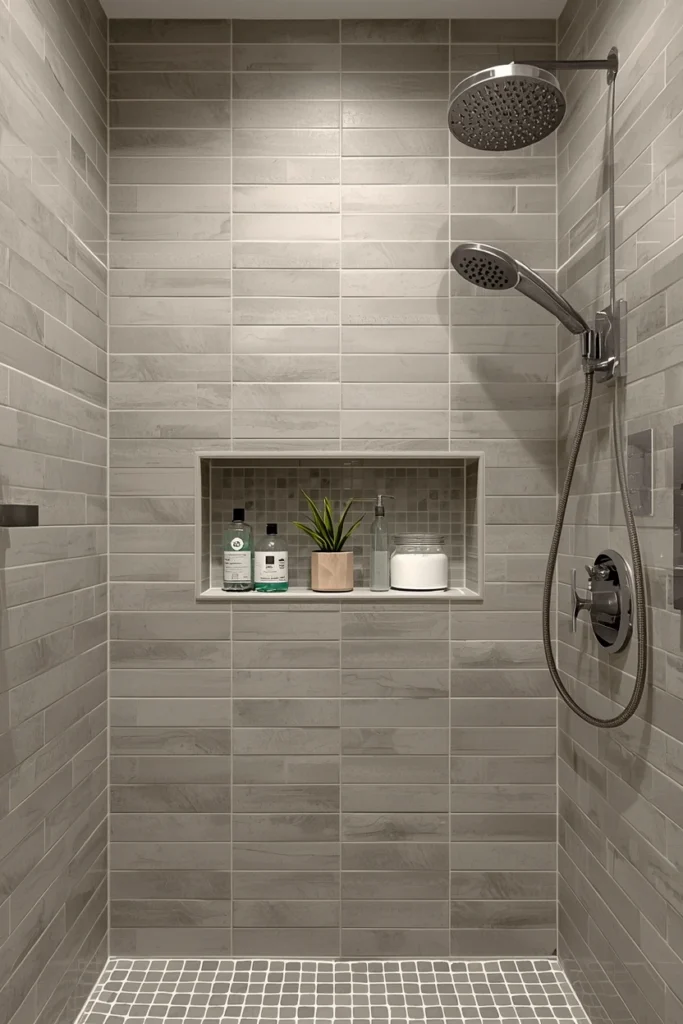 Built-in tiled wall niche holding soap and shampoo
