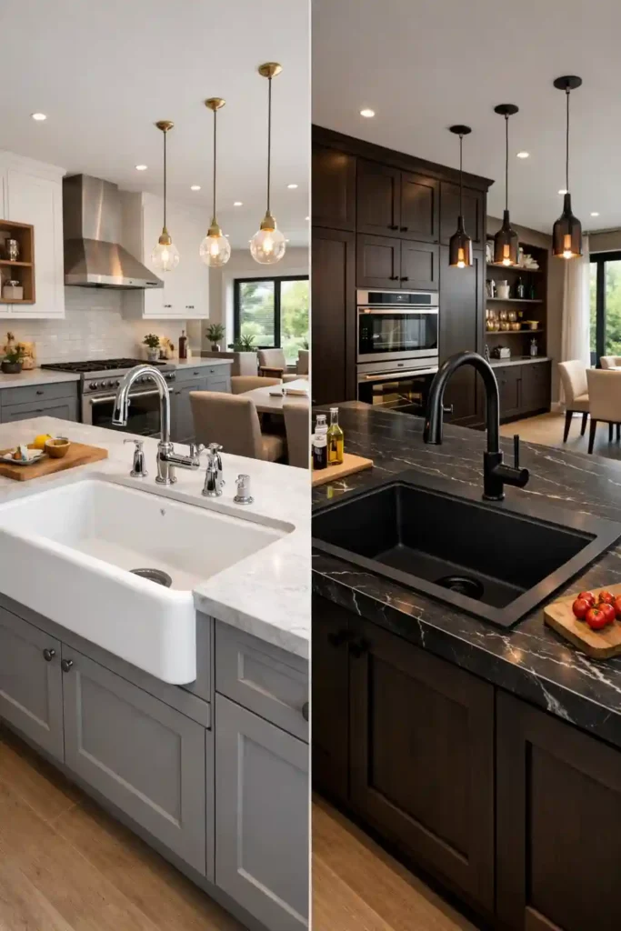 White cast iron enamel sink in kitchen counter