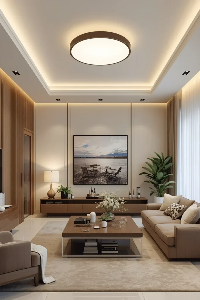 Flat flush ceiling light in a clean bedroom