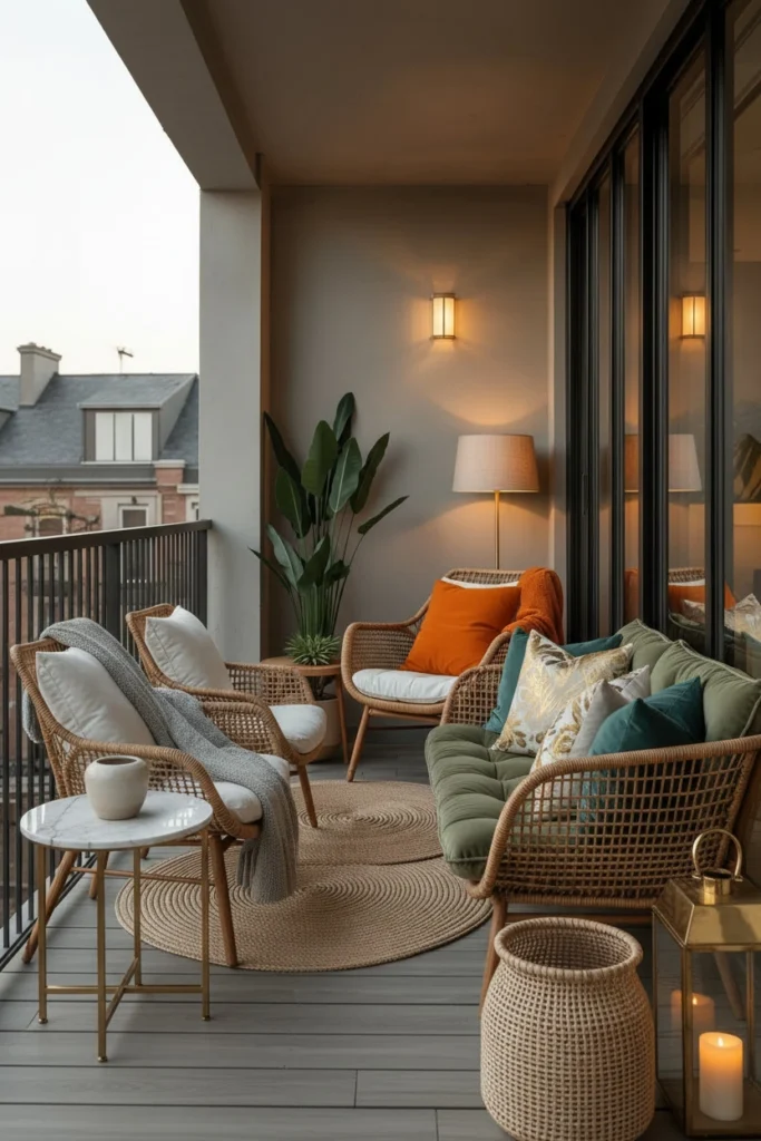 Balcony seating styled with plush cushions and blanket