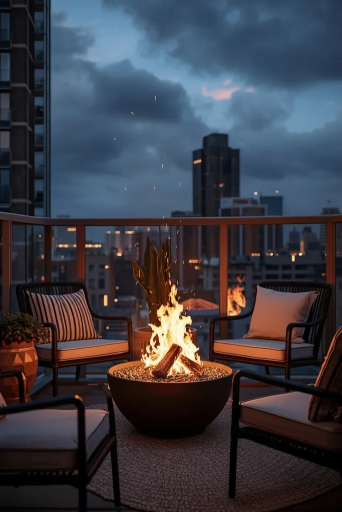 Stylish balcony setup featuring modern compact fire bowl