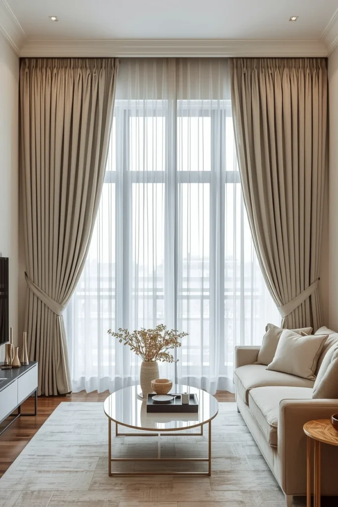 Floor-length curtains hung near the ceiling