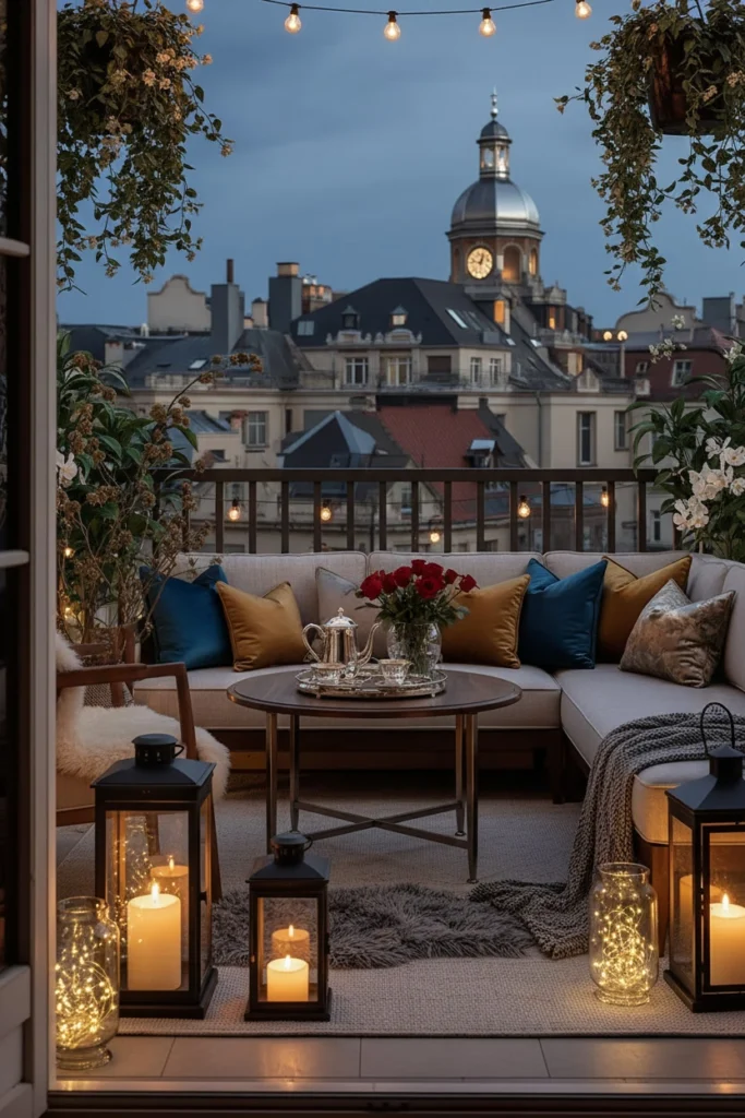 Cozy balcony illuminated with decorative lantern lighting