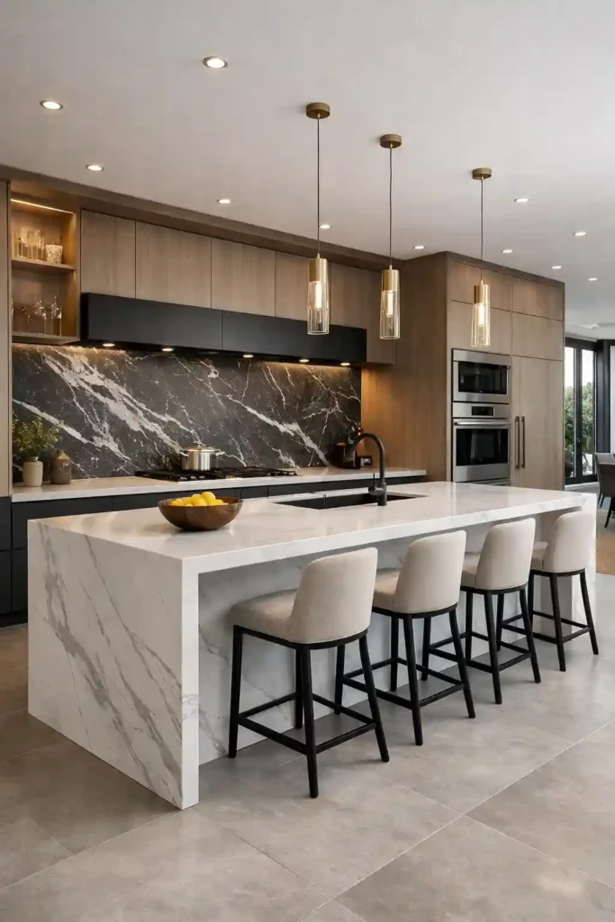 Large seamless Dekton stone countertop in kitchen