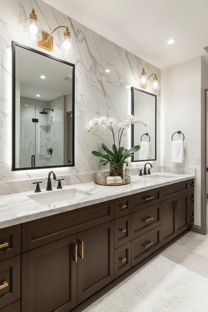 Double sink vanity with long seamless stone countertop